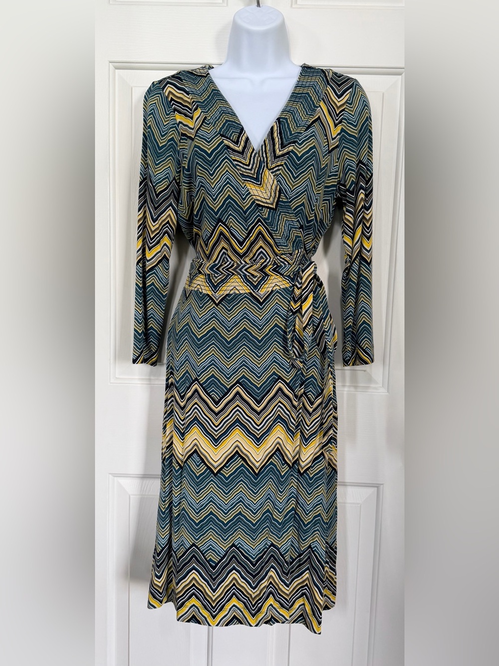 Ann Taylor Women's Chevron Wrap Dress in Teal & Yellow